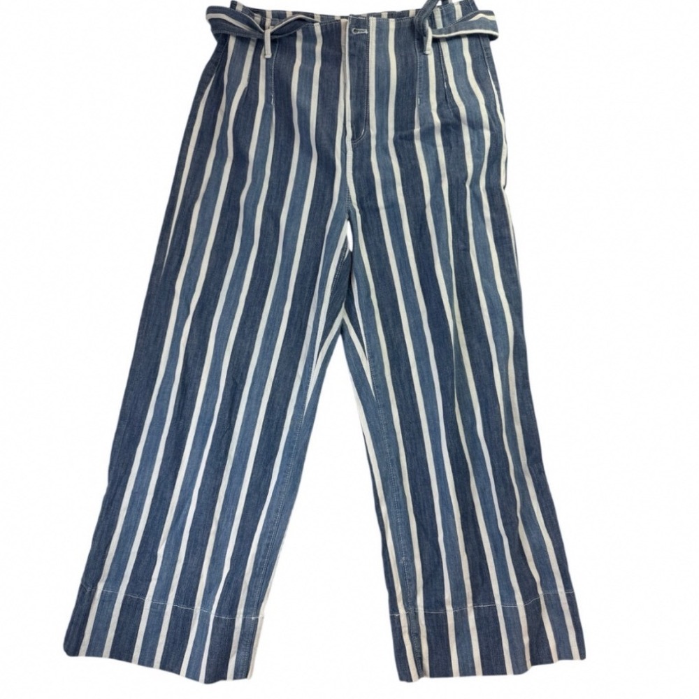 Ann Taylor Blue White Striped Wide Leg Pants High Rise Belted Size 4